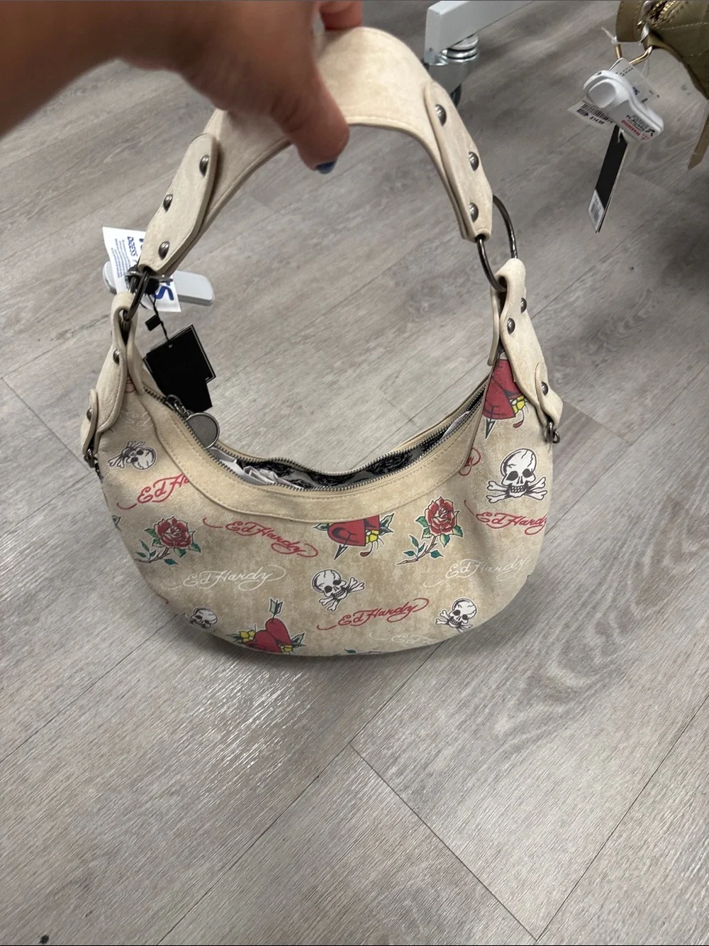 Ed Hardy Beige Studded Hobo with Tattoo Heart & Skull Print